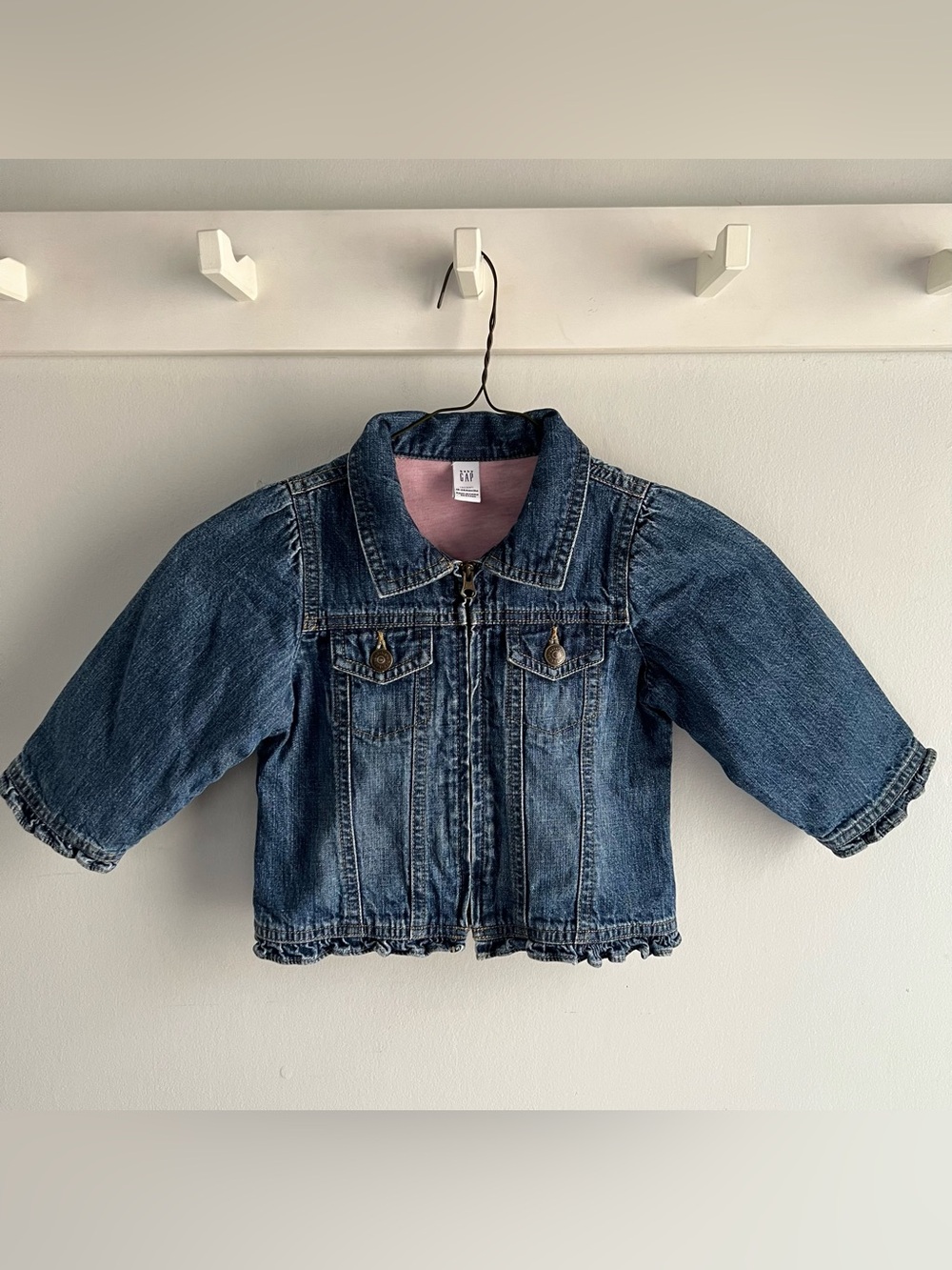 Baby Gap Girls Denim Jacket 18-24 Months Pink Lined Jean Jacket Ruffle Hem